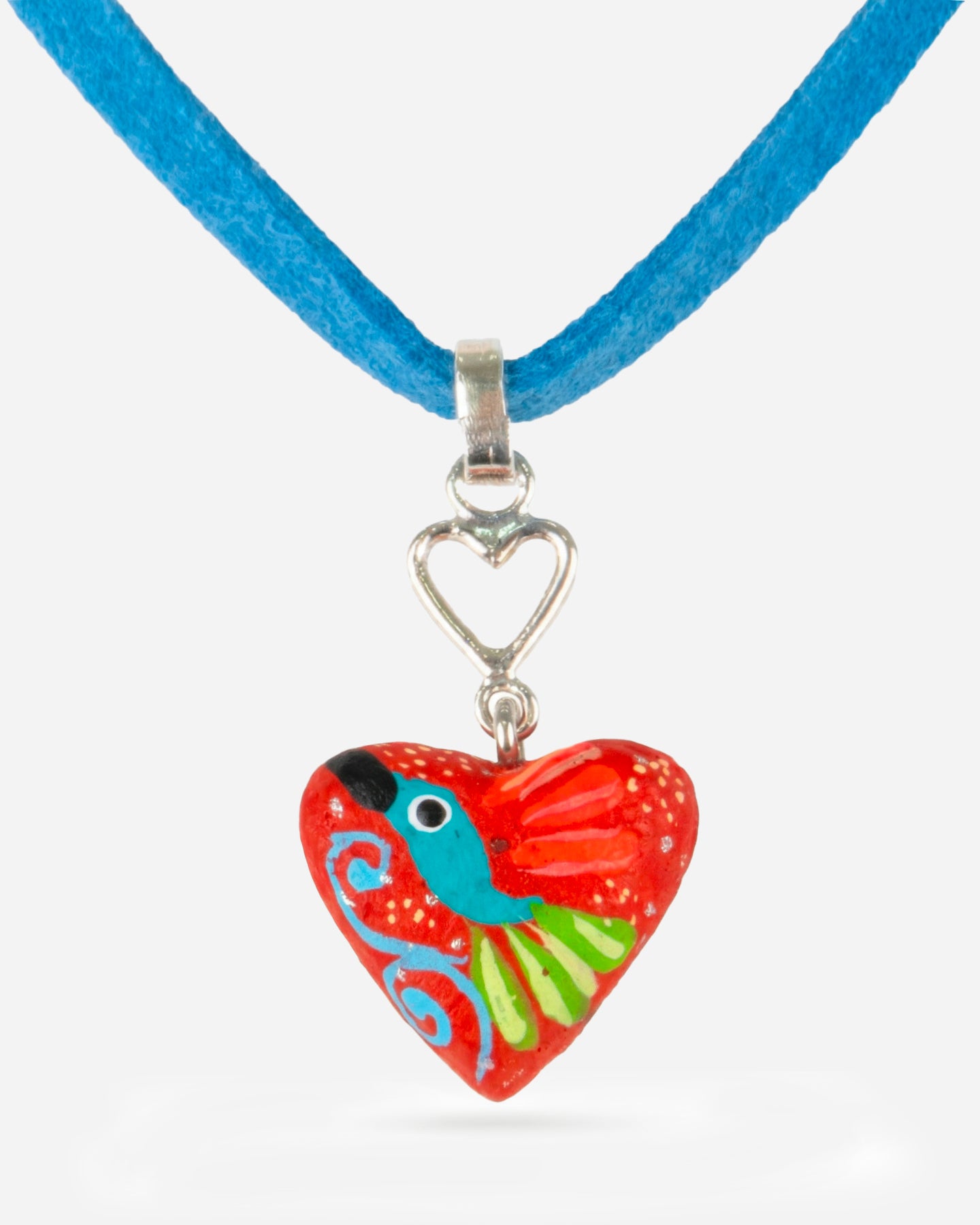 Dije Corazón Madera y Plata Correa Gamuza Azul