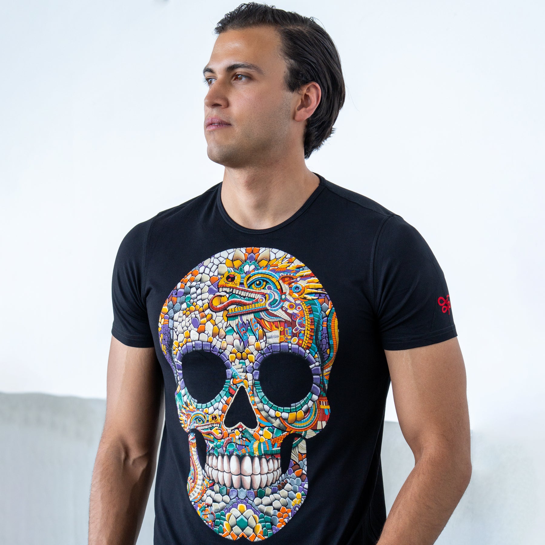 ・Playera estampada con aplicación de tinta gel HD transparente para hombre - Modelo HUITLACOCHE