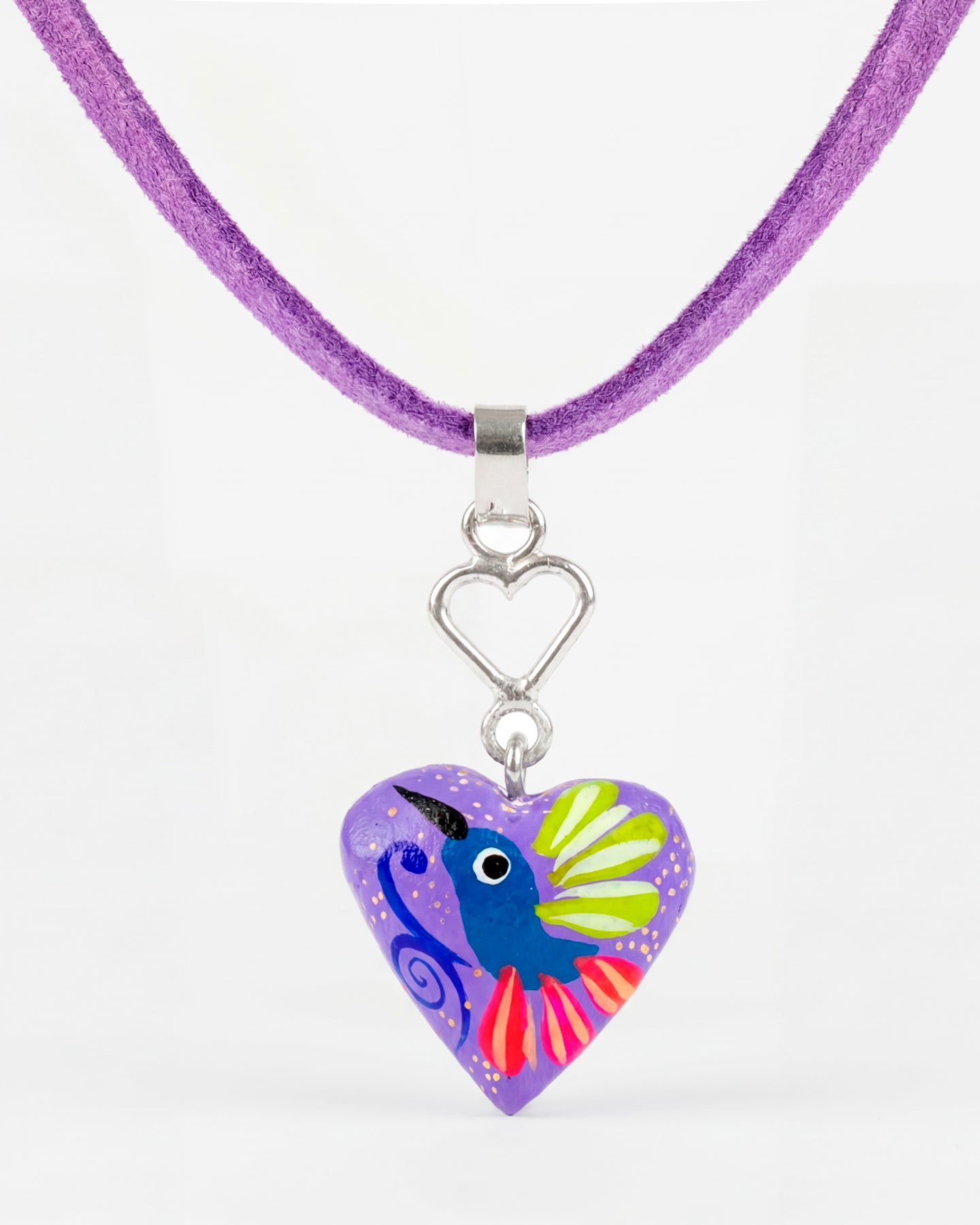 Dije Corazón Madera y Plata Correa Gamuza Morado