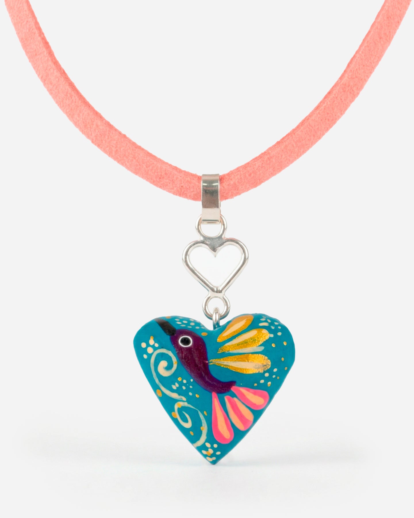 Dije Corazón Madera y Plata Correa Gamuza Rosa