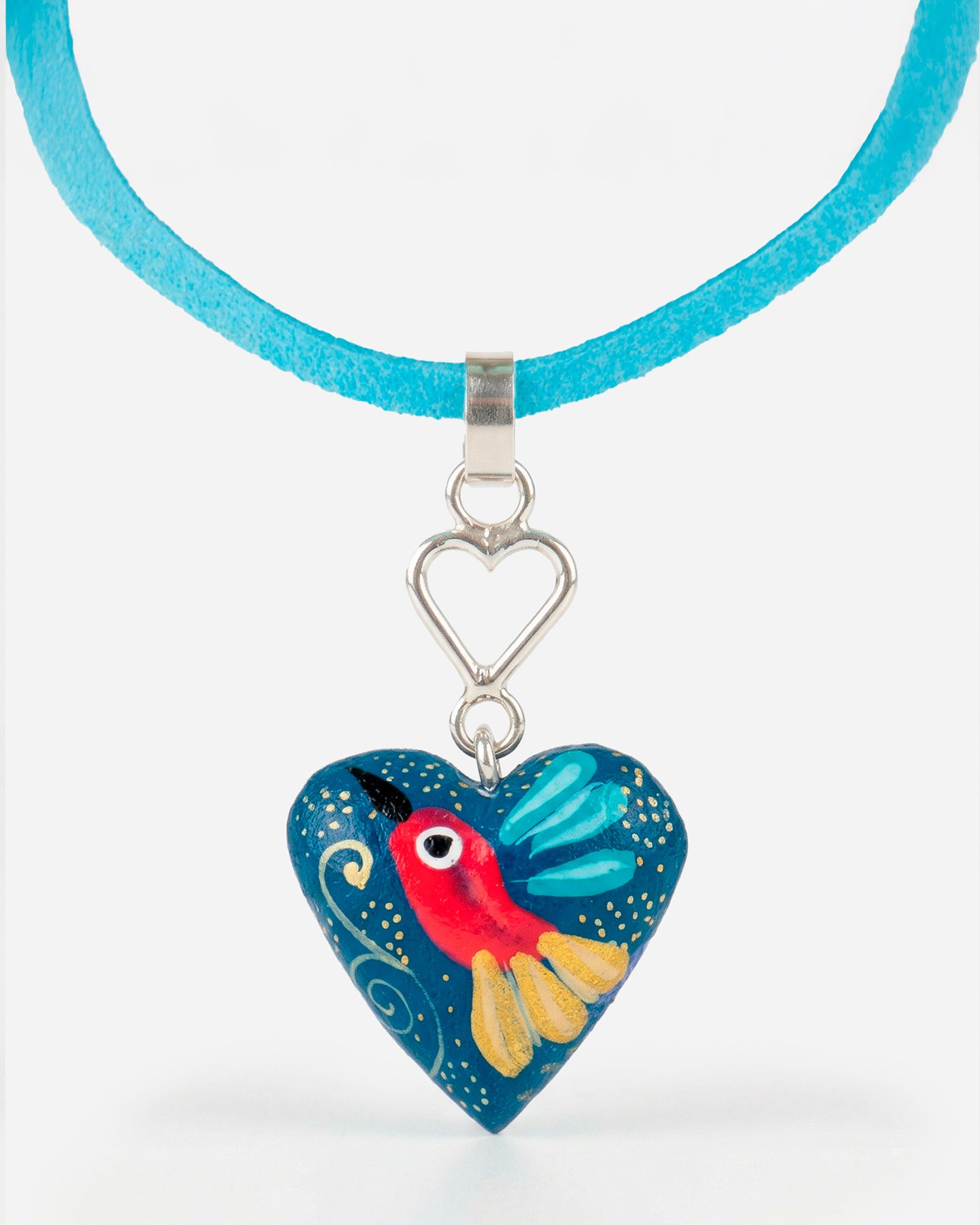 Dije Corazón Madera y Plata Correa Gamuza Turquesa